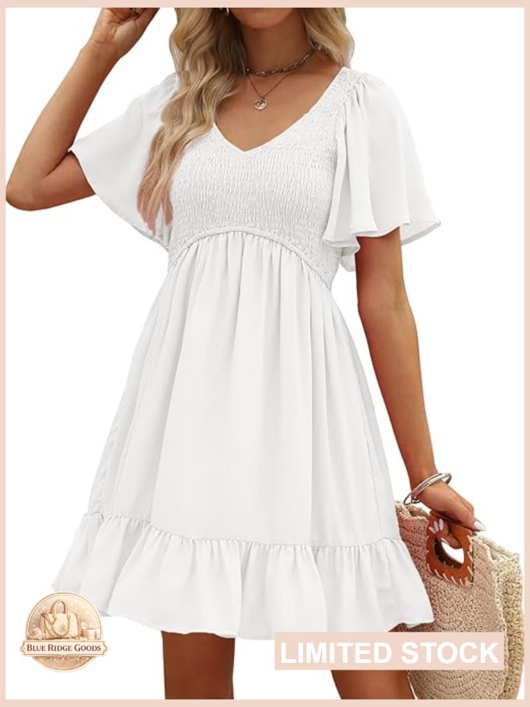 Flowy Mini Dress Smocked V Neck Flutter Sleeve Casual Chic Summer Vacation